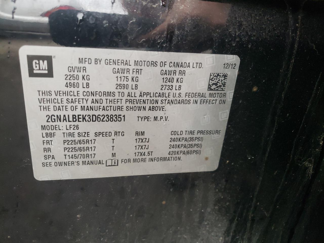 Photo 10 from auction – 2013 CHEVROLET EQUINOX LS with VIN 2GNALBEK3D6238351