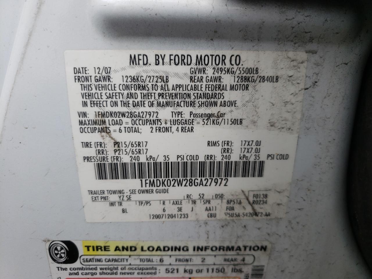 Photo 10 from auction – 2008 FORD TAURUS X S with VIN 1FMDK02W28GA27972