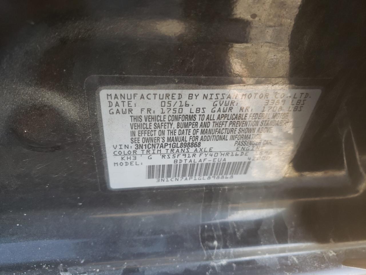 Photo 10 from auction – 2016 NISSAN VERSA S with VIN 3N1CN7AP1GL898868