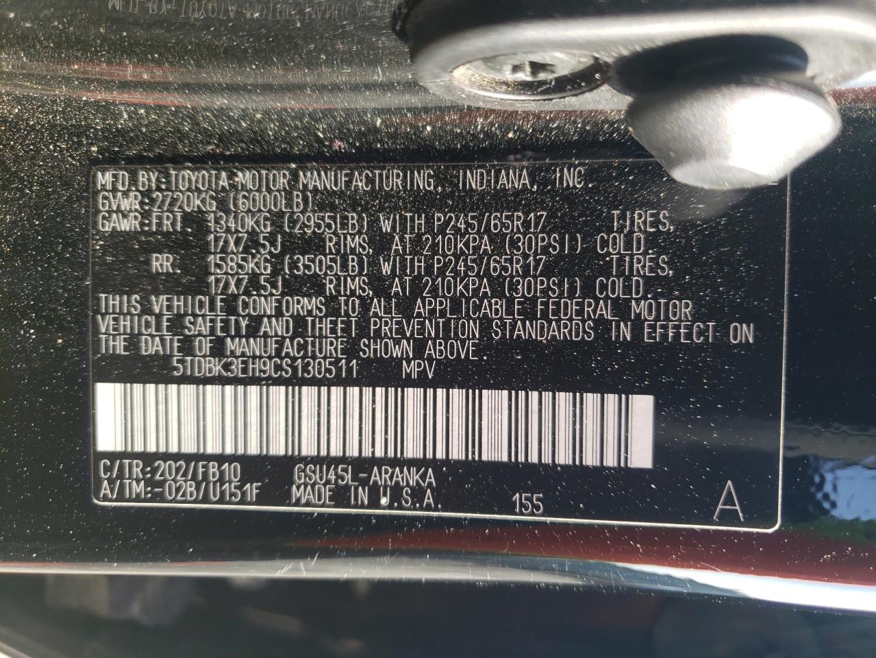 Photo 10 from auction – 2012 TOYOTA HIGHLANDER with VIN 5TDBK3EH9CS130511