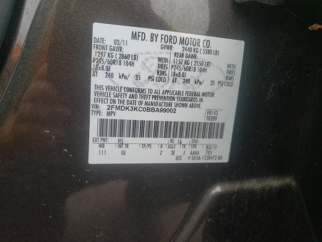 Photo 10 from auction – 2011 FORD EDGE LIMIT with VIN 2FMDK3KC0BBA99002