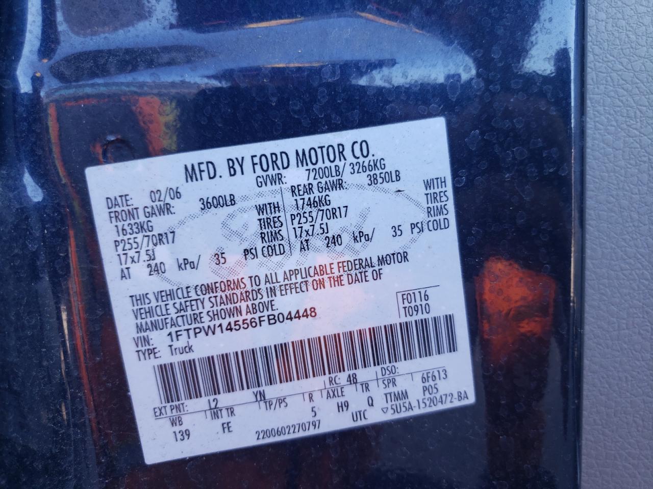 Photo 10 from auction – 2006 FORD F150 SUPER with VIN 1FTPW14556FB04448