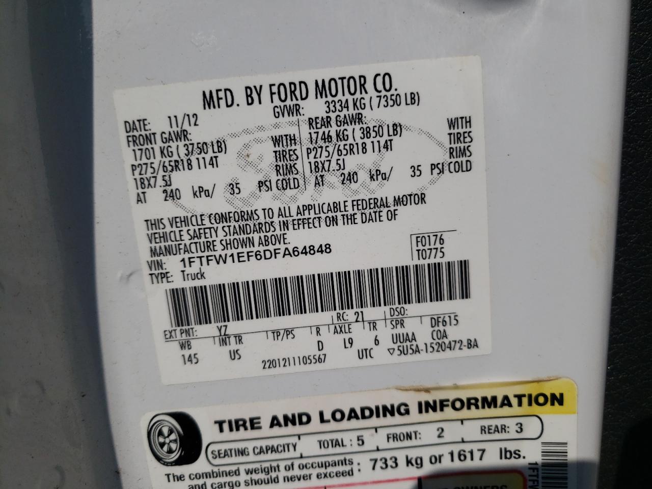 Photo 10 from auction – 2013 FORD F150 SUPER with VIN 1FTFW1EF6DFA64848