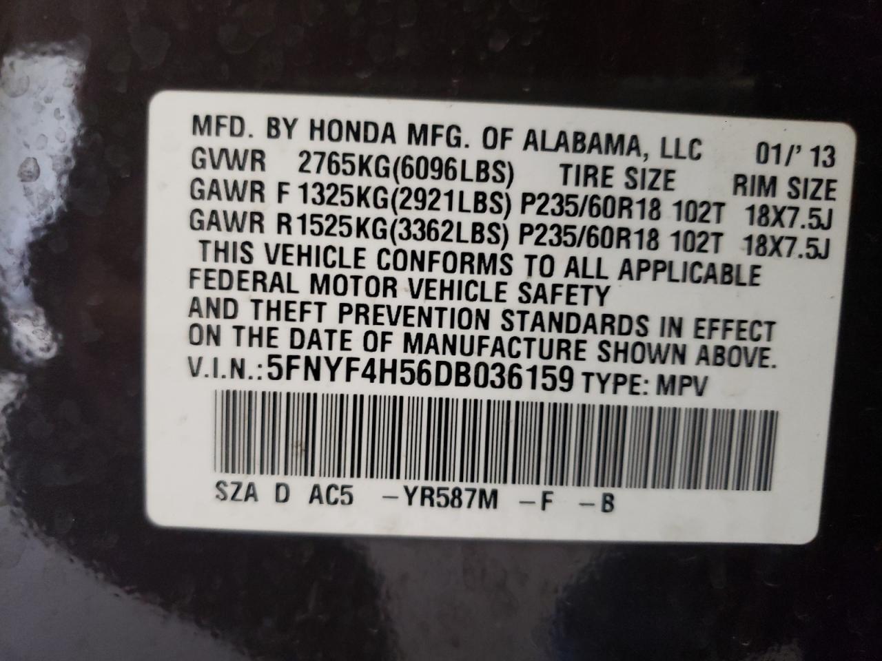 Photo 10 from auction – 2013 HONDA PILOT EXL with VIN 5FNYF4H56DB036159