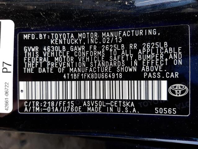 Photo 10 from auction – 2013 TOYOTA CAMRY L with VIN 4T1BF1FK8DU664918