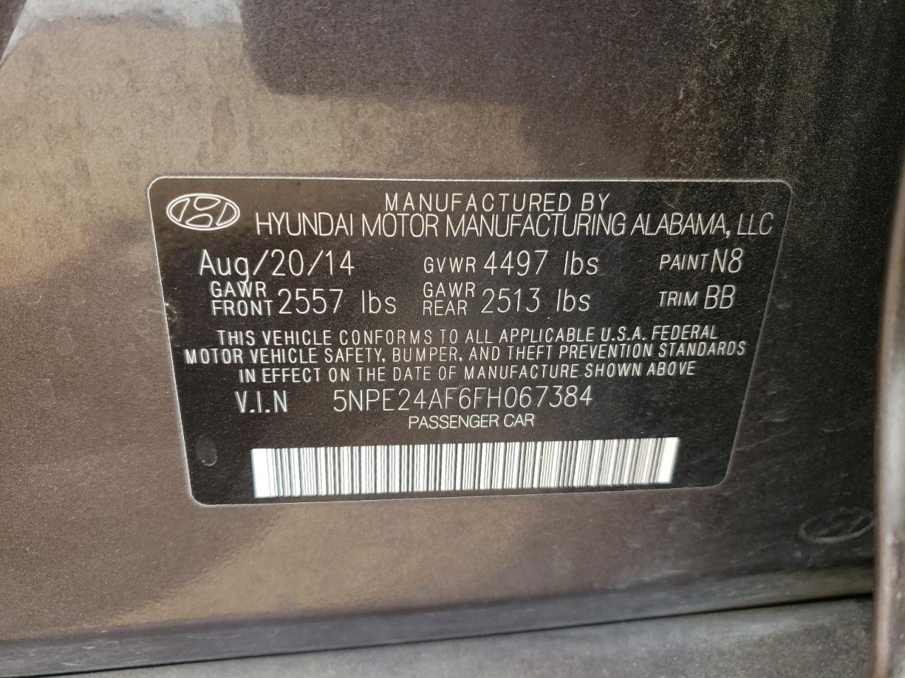 Photo 11 from auction – 2015 HYUNDAI SONATA SE with VIN 5NPE24AF6FH067384