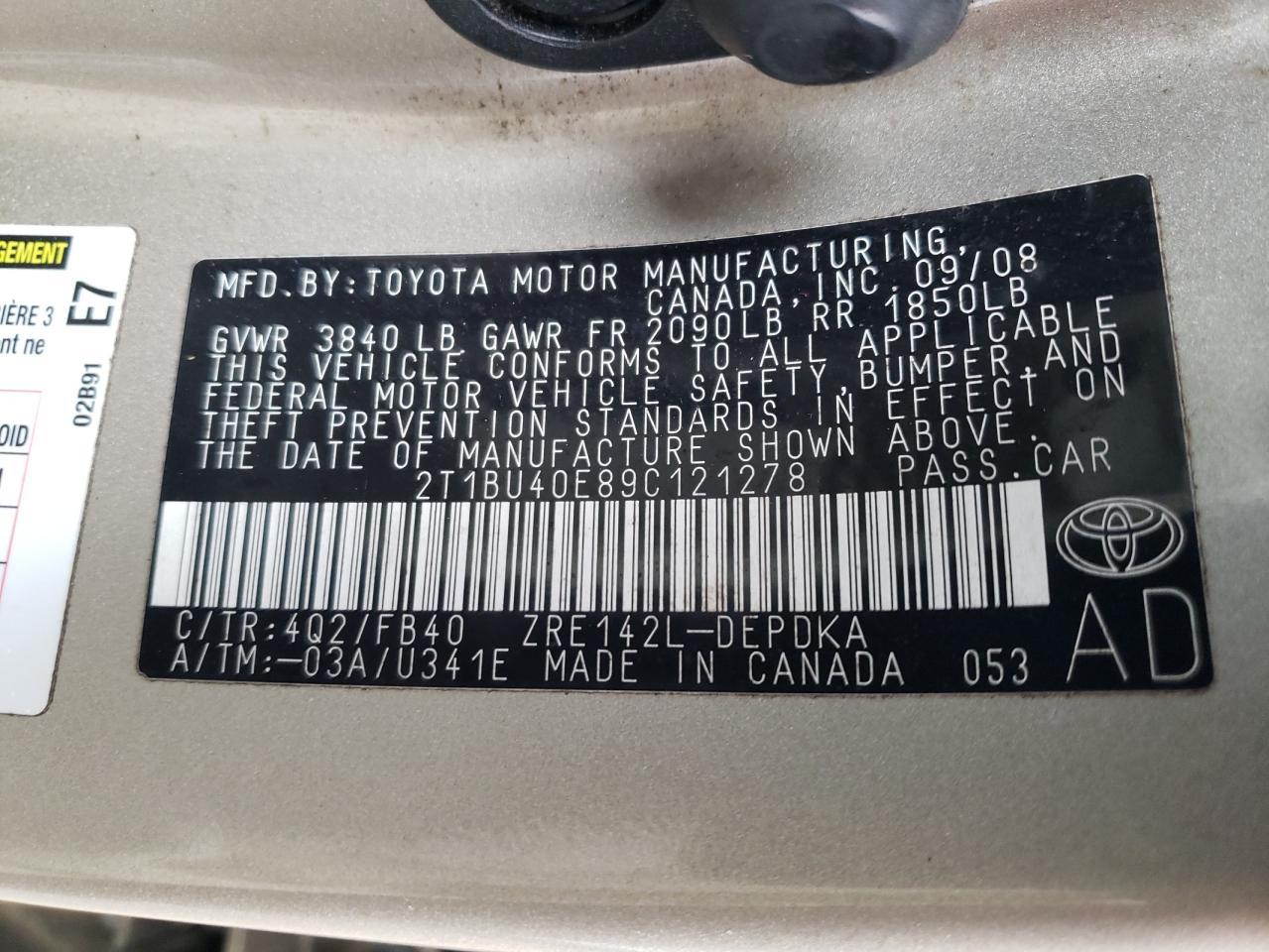 Photo 10 from auction – 2009 TOYOTA COROLLA BA with VIN 2T1BU40E89C121278