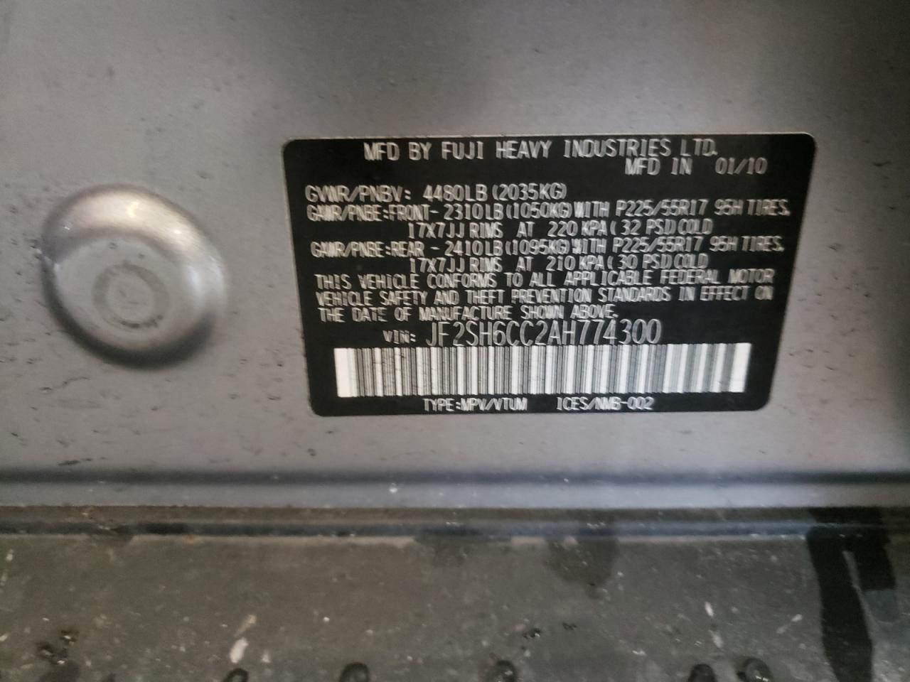 Photo 10 from auction – 2010 SUBARU FORESTER with VIN JF2SH6CC2AH774300
