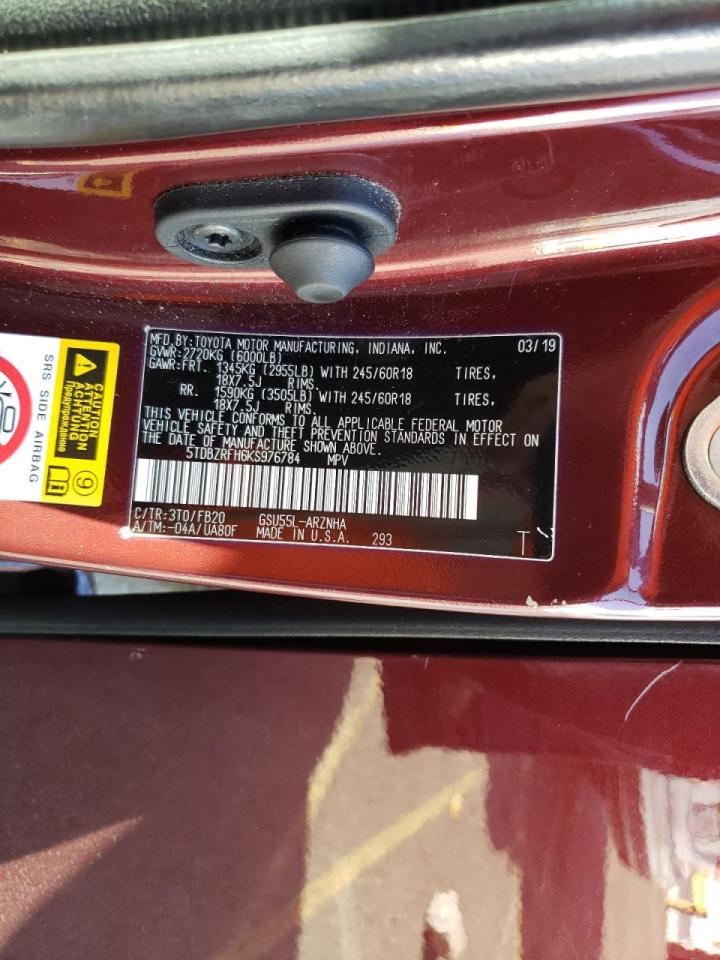 Photo 10 from auction – 2019 TOYOTA HIGHLANDER with VIN 5TDBZRFH6KS976784