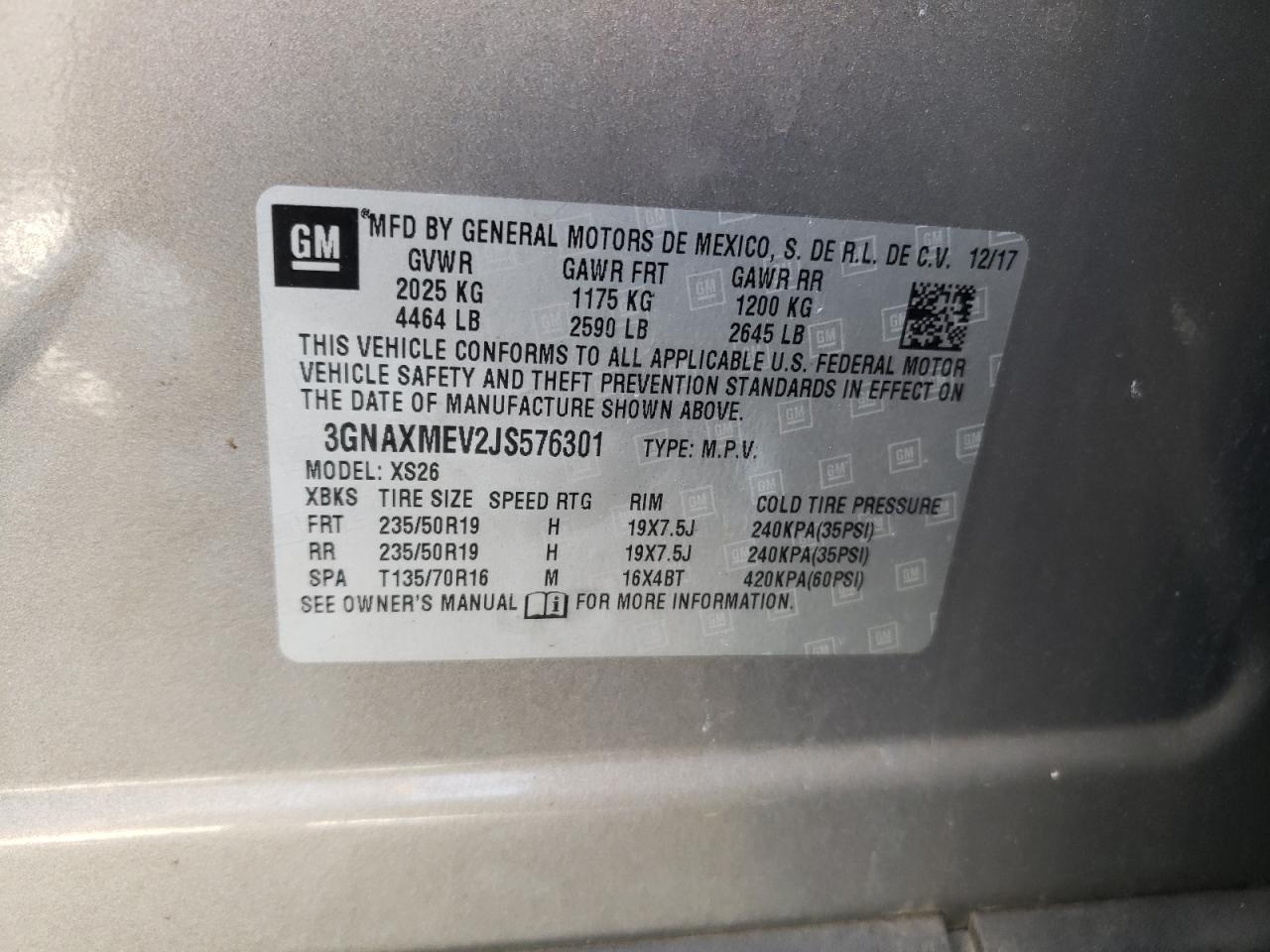 Photo 10 from auction – 2018 CHEVROLET EQUINOX PR with VIN 3GNAXMEV2JS576301