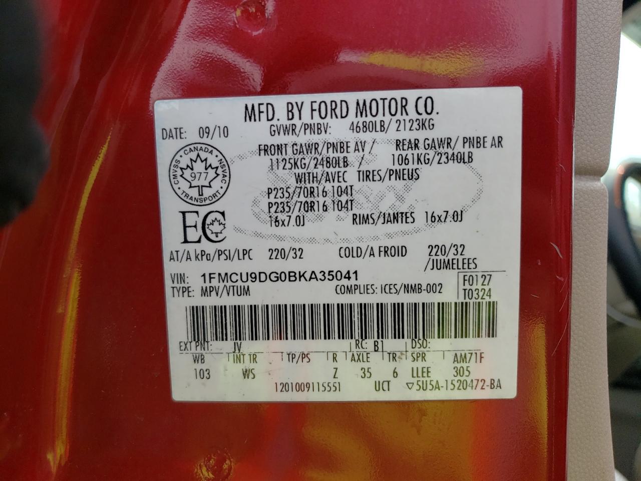 Photo 10 from auction – 2011 FORD ESCAPE XLT with VIN 1FMCU9DG0BKA35041