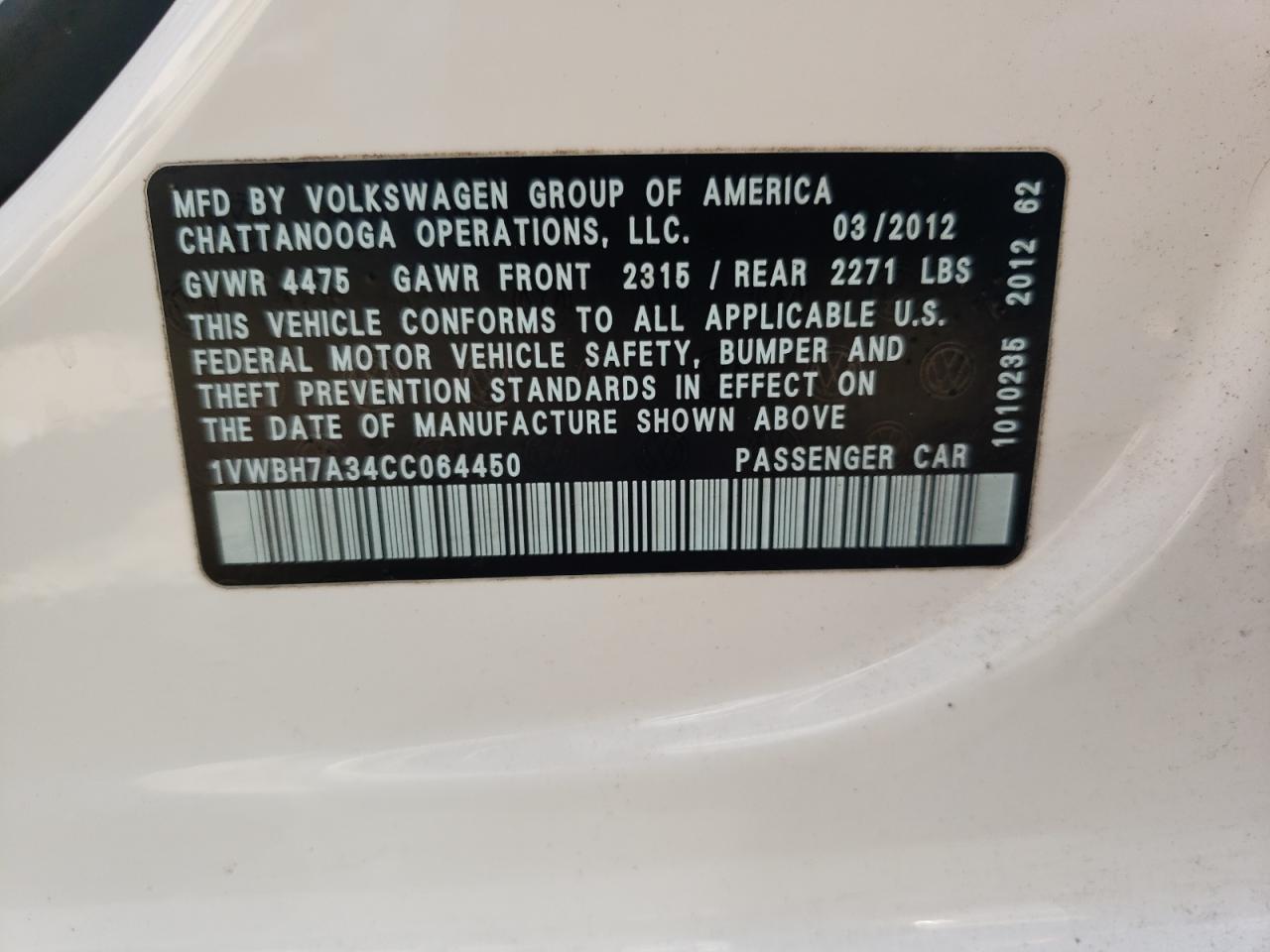 Photo 10 from auction – 2012 VOLKSWAGEN PASSAT SE with VIN 1VWBH7A34CC064450