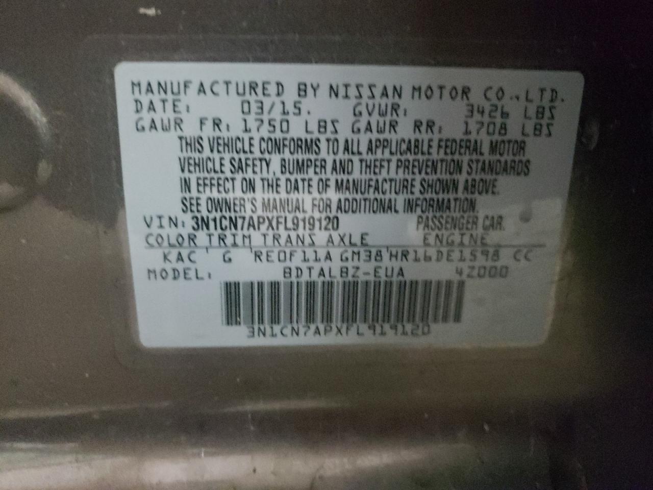 Photo 10 from auction – 2015 NISSAN VERSA S with VIN 3N1CN7APXFL919120