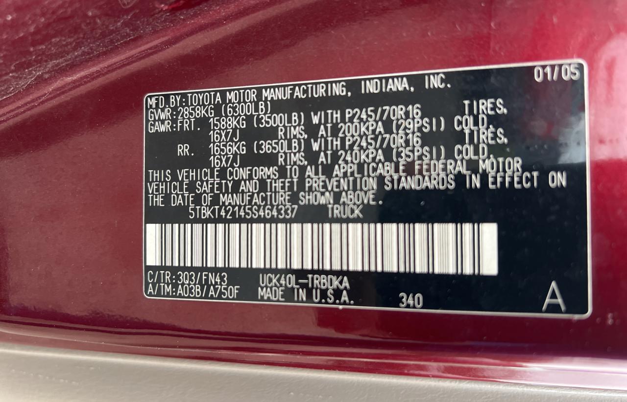 Photo 10 from auction – 2005 TOYOTA TUNDRA with VIN 5TBKT42145S464337