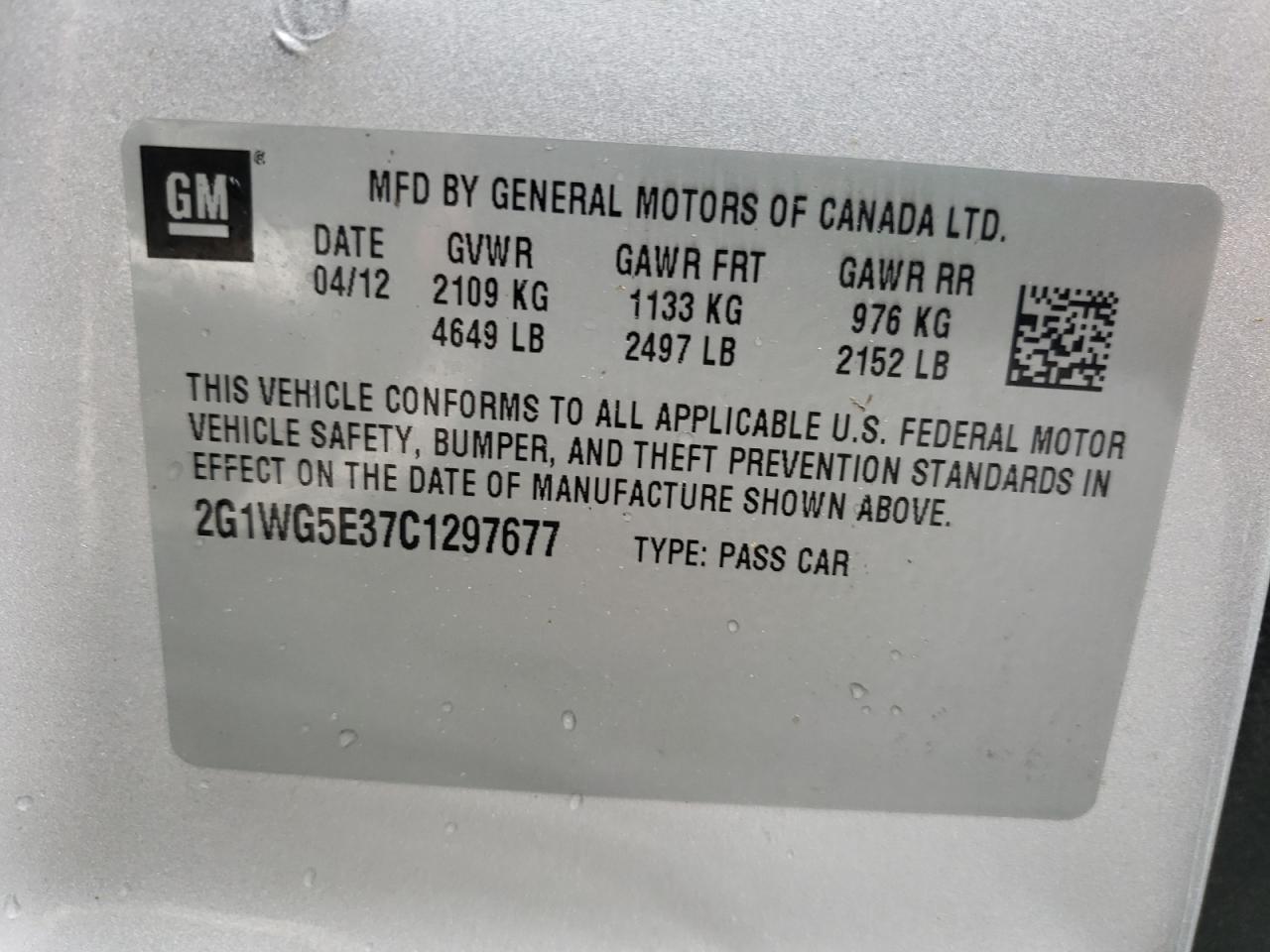 Photo 10 from auction – 2012 CHEVROLET IMPALA LT with VIN 2G1WG5E37C1297677