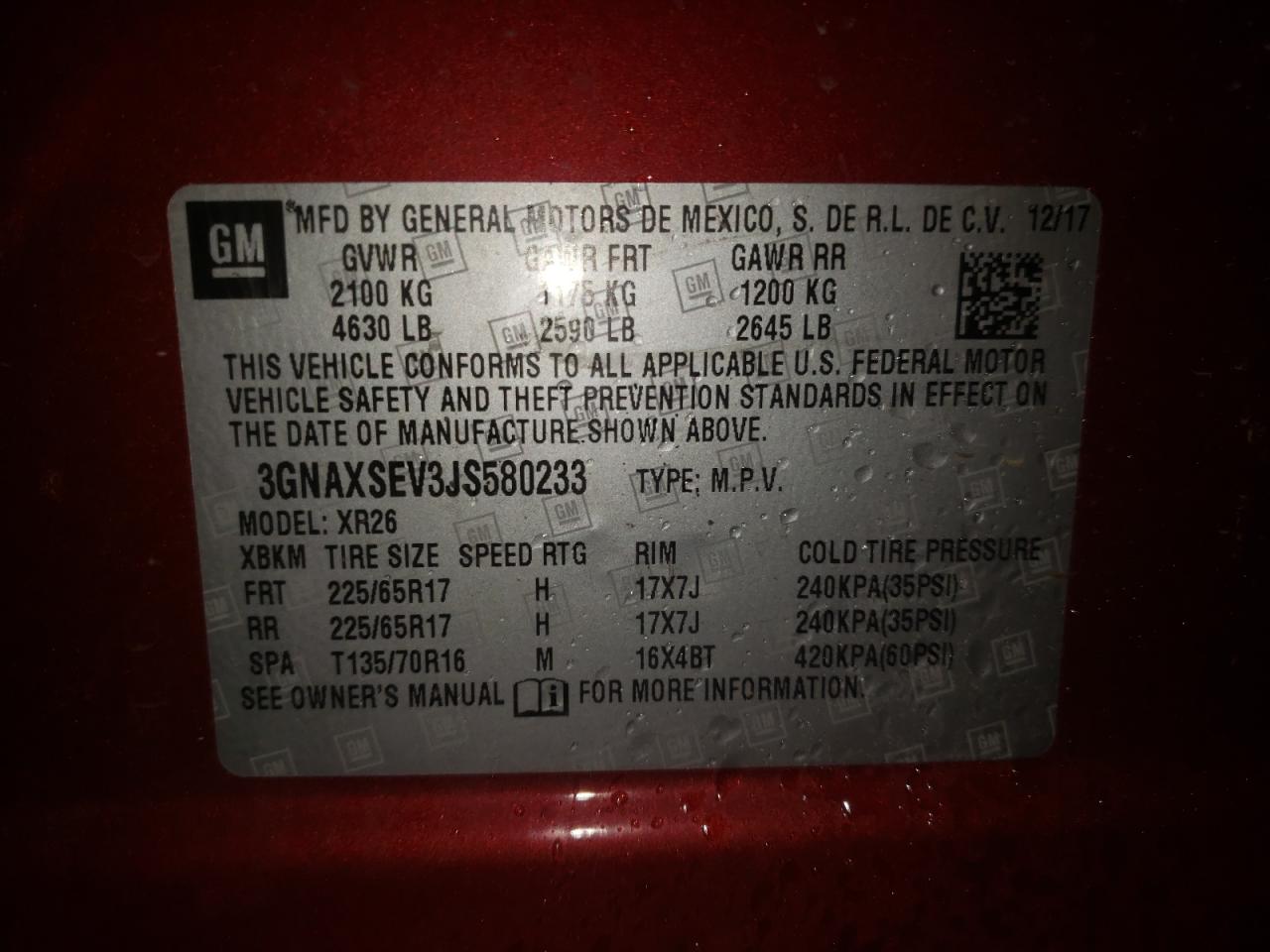 Photo 10 from auction – 2018 CHEVROLET EQUINOX LT with VIN 3GNAXSEV3JS580233