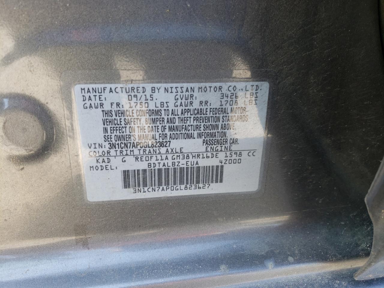 Photo 10 from auction – 2016 NISSAN VERSA S with VIN 3N1CN7AP0GL823627