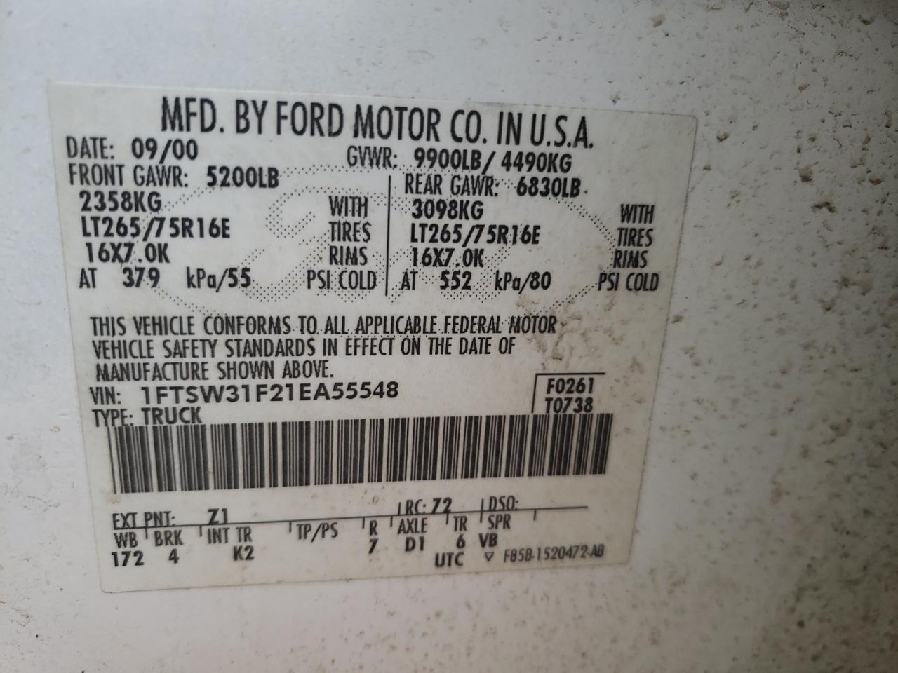 Photo 10 from auction – 2001 FORD F350 SRW S with VIN 1FTSW31F21EA55548