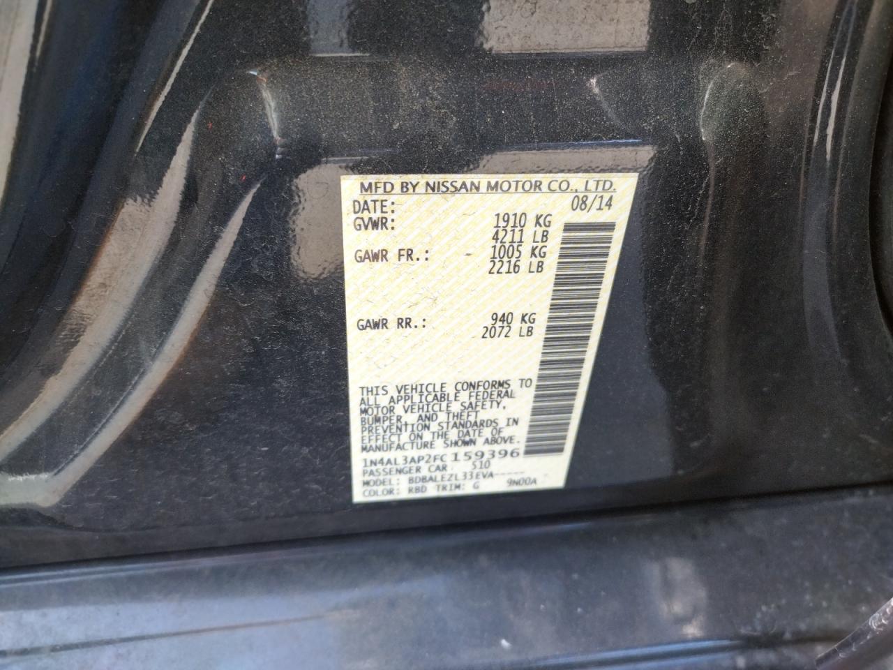Photo 10 from auction – 2015 NISSAN ALTIMA 2.5 with VIN 1N4AL3AP2FC159396