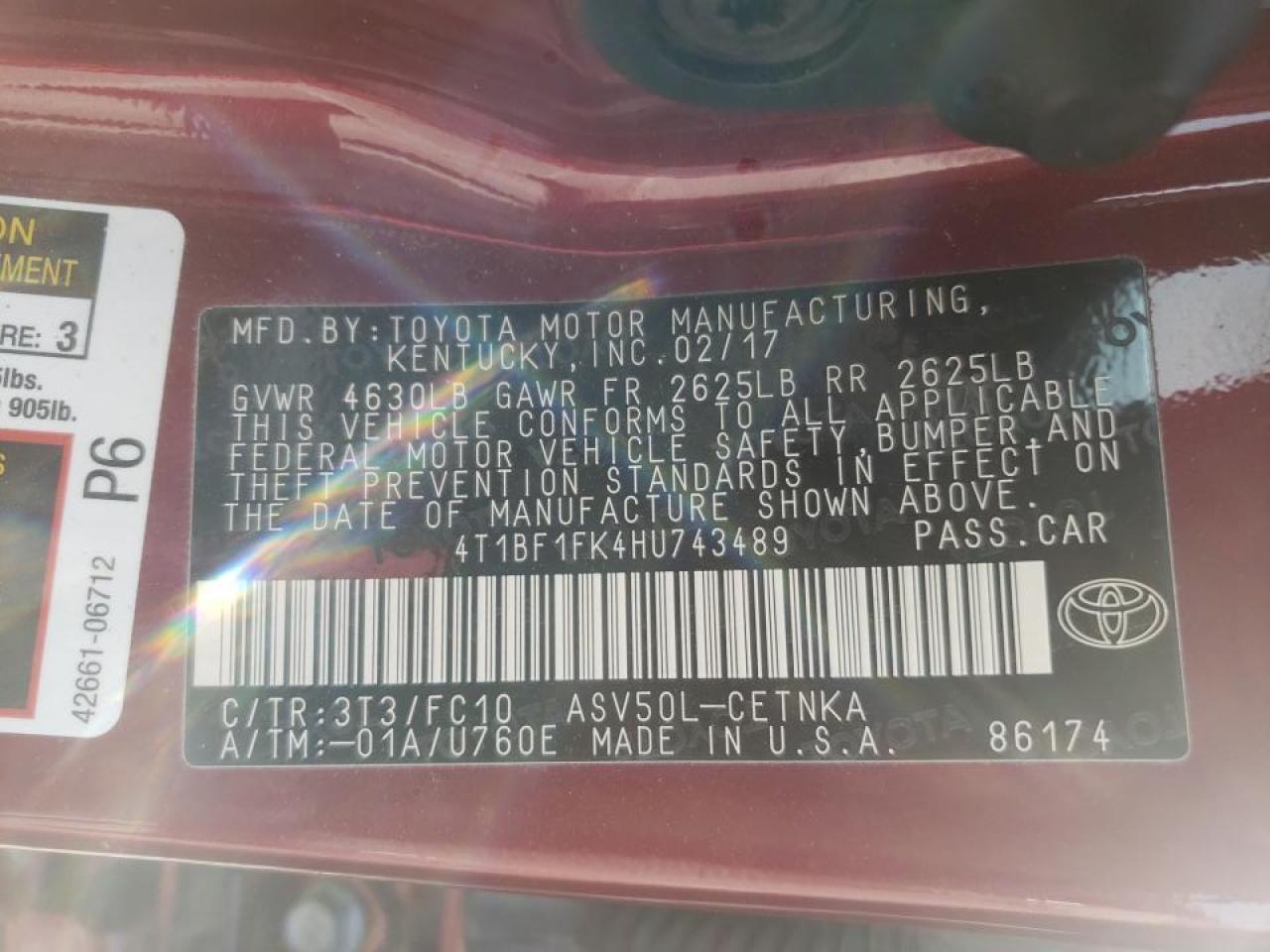 Photo 10 from auction – 2017 TOYOTA CAMRY LE with VIN 4T1BF1FK4HU743489
