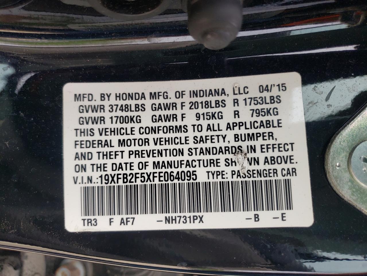 Photo 10 from auction – 2015 HONDA CIVIC LX with VIN 19XFB2F5XFE064095