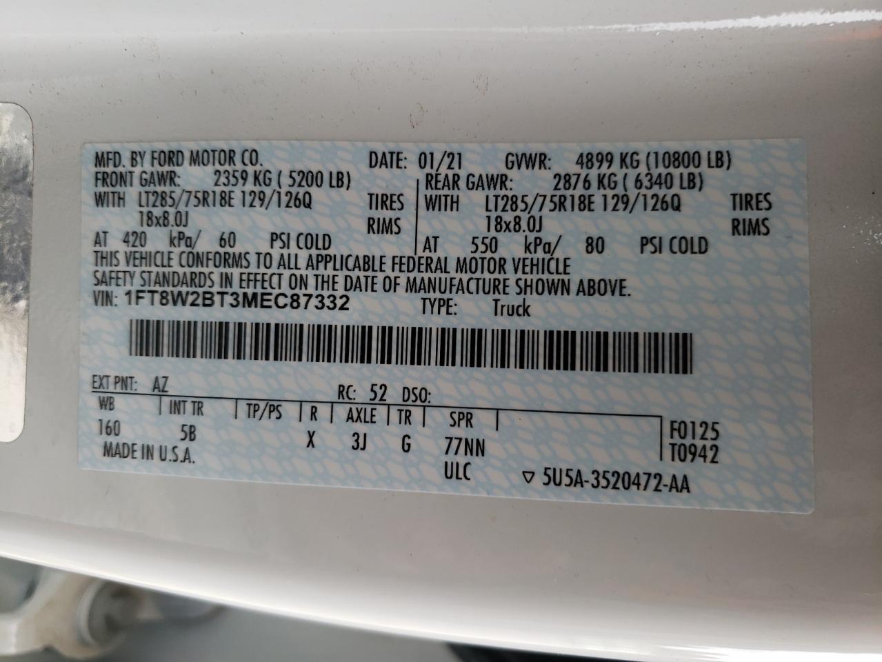 Photo 10 from auction – 2021 FORD F250 SUPER with VIN 1FT8W2BT3MEC87332