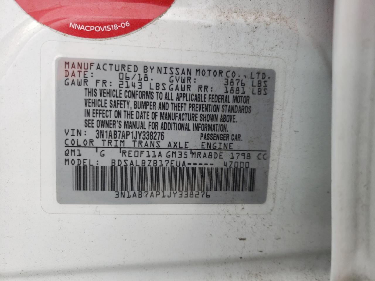 Photo 10 from auction – 2018 NISSAN SENTRA S with VIN 3N1AB7AP1JY338276