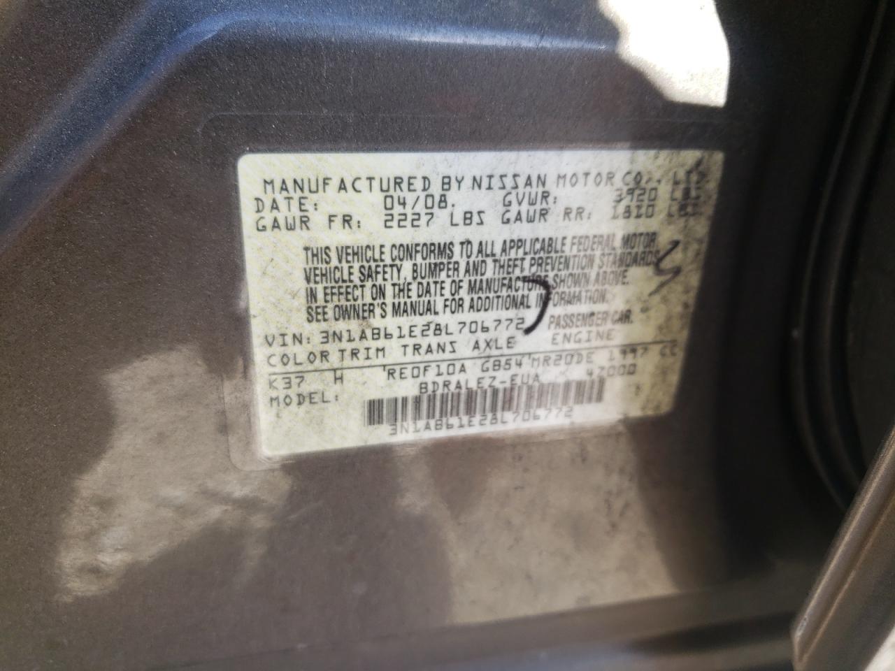Photo 10 from auction – 2008 NISSAN SENTRA 2.0 with VIN 3N1AB61E28L706772