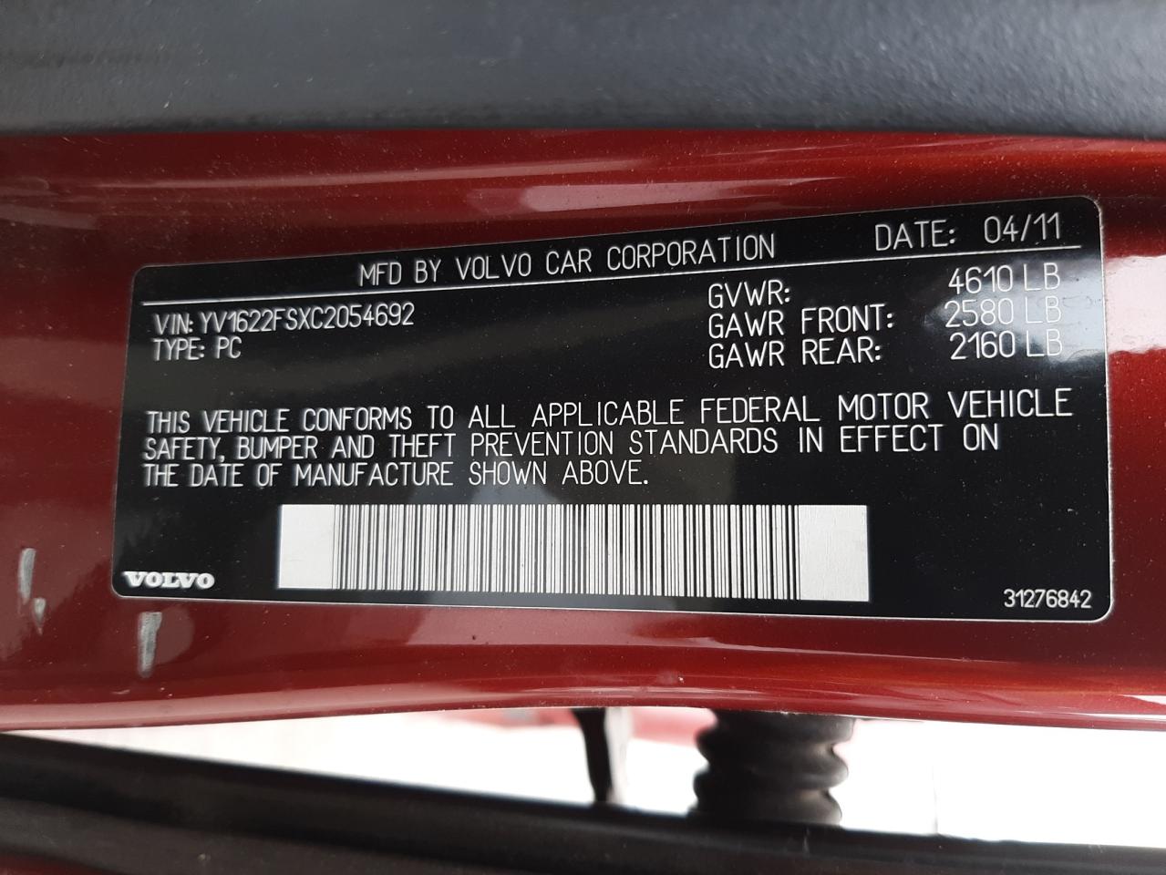 Photo 10 from auction – 2012 VOLVO S60 T5 with VIN YV1622FSXC2054692
