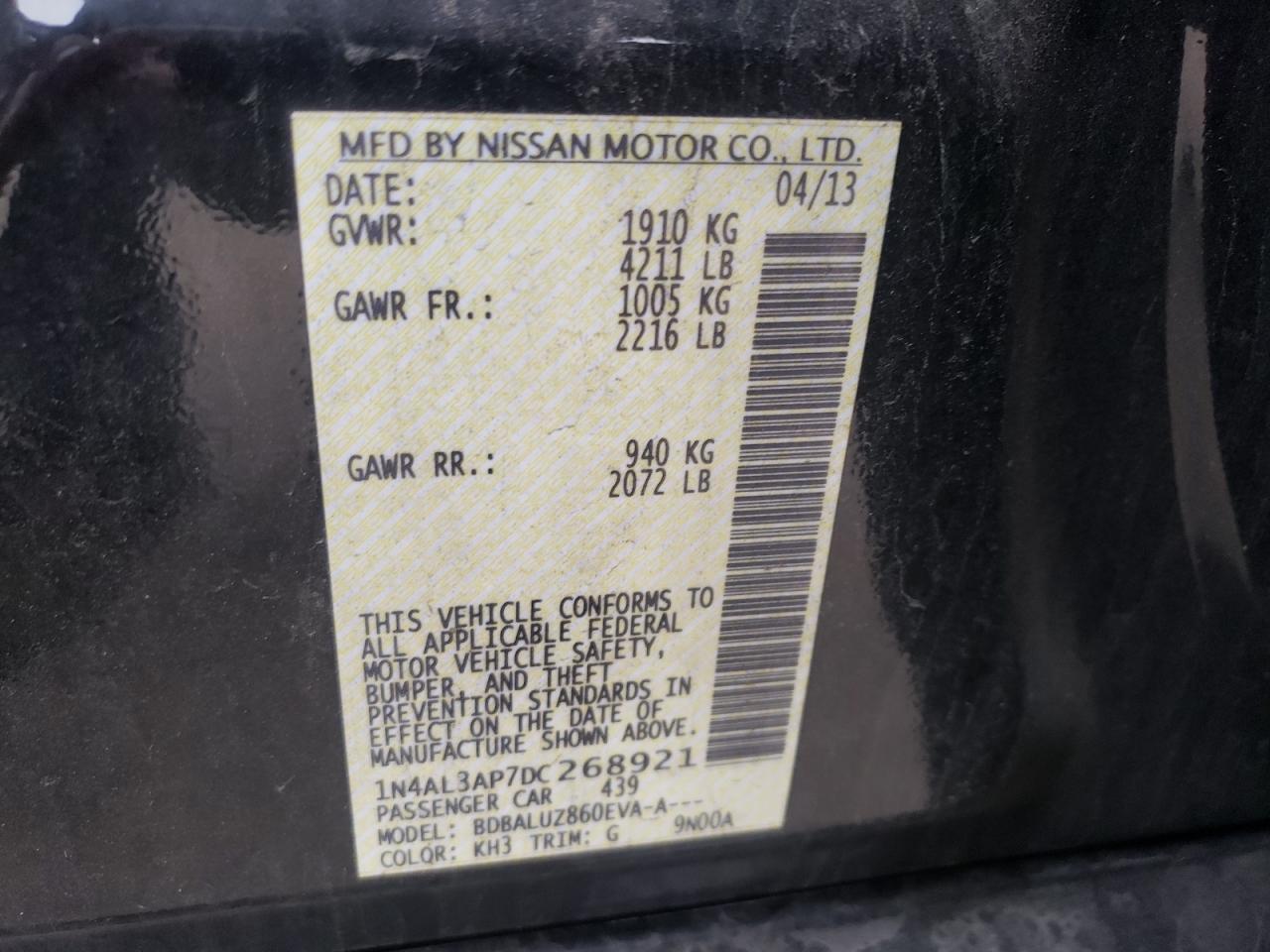 Photo 10 from auction – 2013 NISSAN ALTIMA SV with VIN 1N4AL3AP7DC268921
