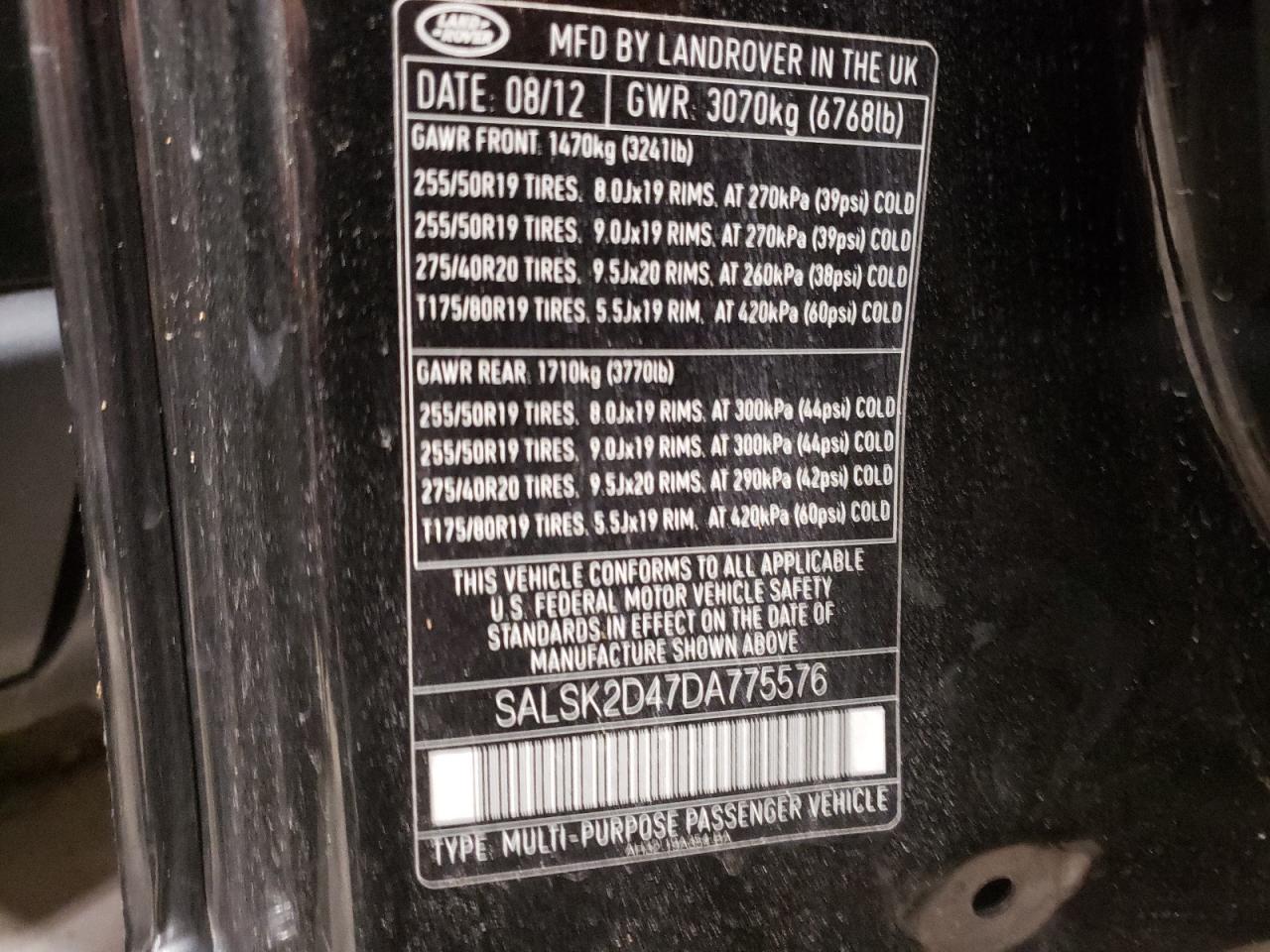 Photo 10 from auction – 2013 LAND ROVER RANGE ROVE with VIN SALSK2D47DA775576