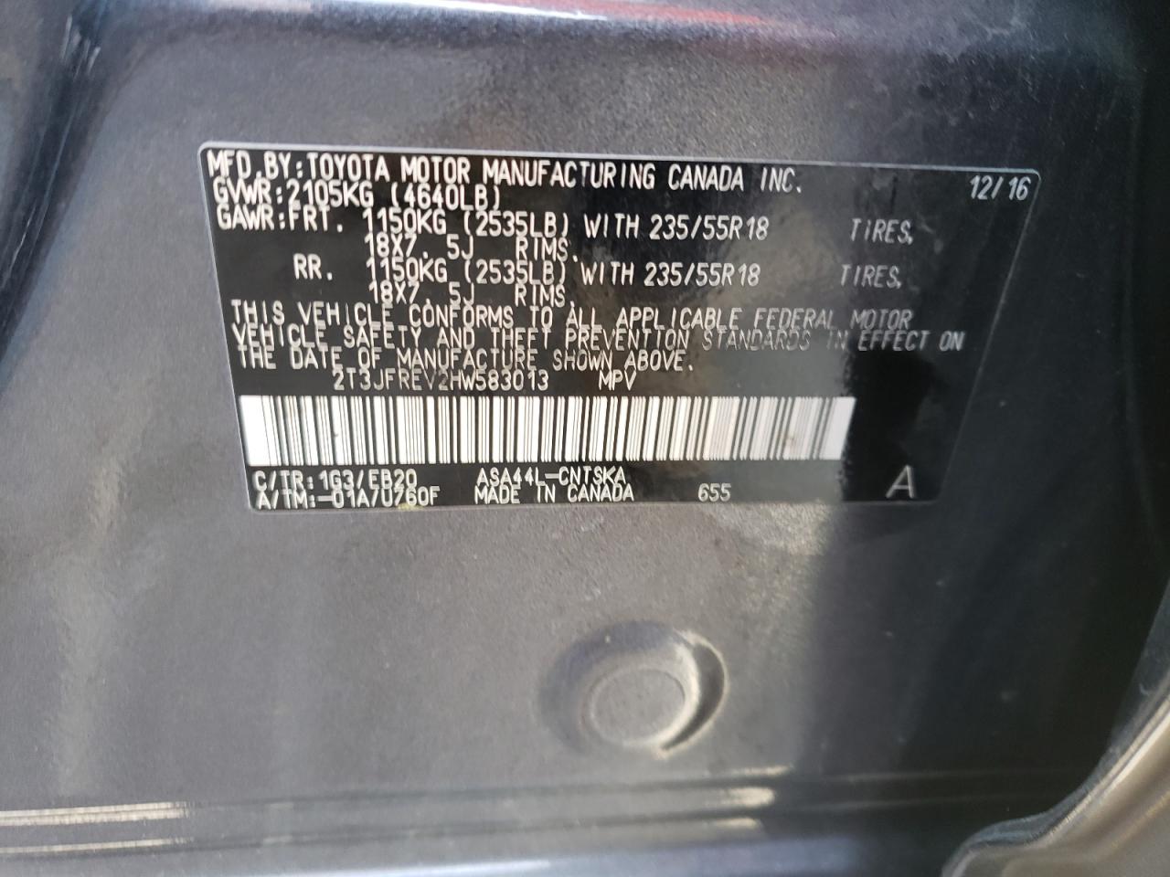 Photo 10 from auction – 2017 TOYOTA RAV4 SE with VIN 2T3JFREV2HW583013