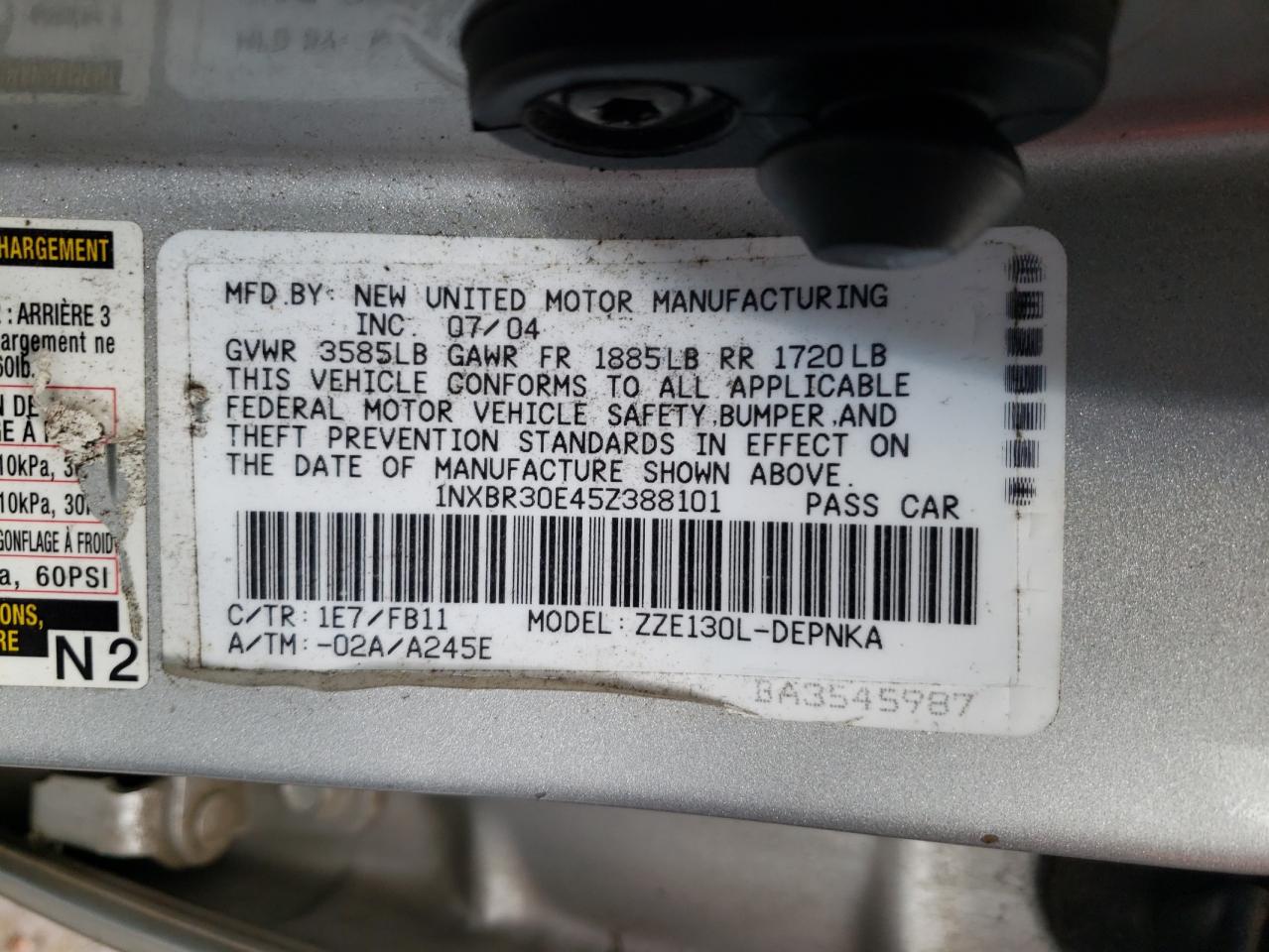 Photo 10 from auction – 2005 TOYOTA COROLLA CE with VIN 1NXBR30E45Z388101