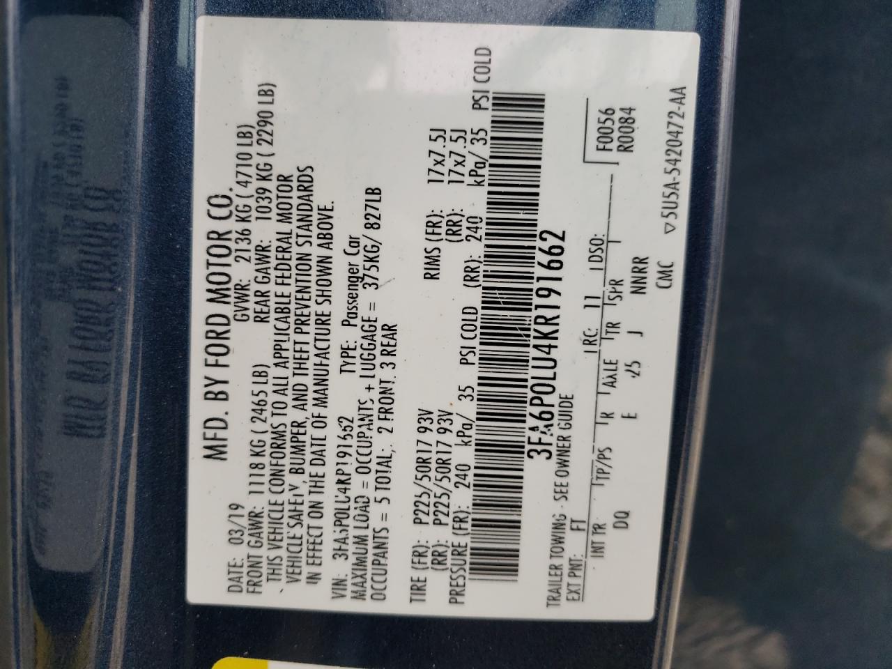Photo 10 from auction – 2019 FORD FUSION SE with VIN 3FA6P0LU4KR191662