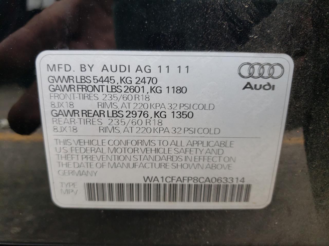 Photo 10 from auction – 2012 AUDI Q5 PREMIUM with VIN WA1CFAFP8CA063314