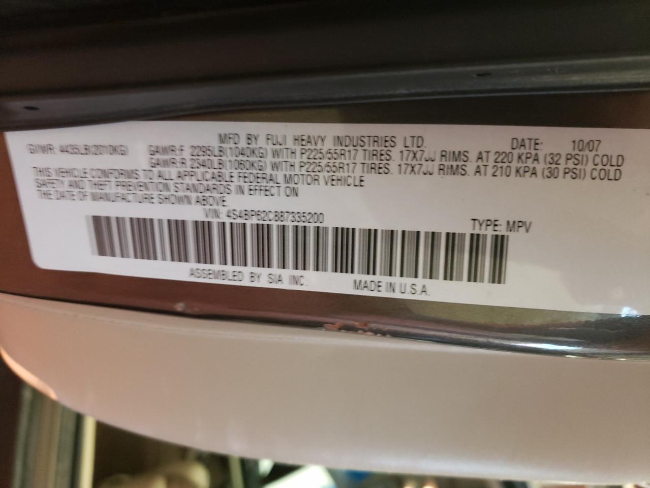 Photo 10 from auction – 2008 SUBARU OUTBACK 2. with VIN 4S4BP62C887335200