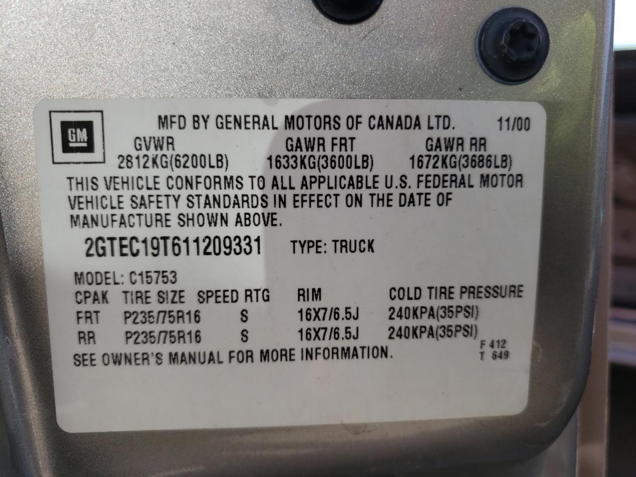 Photo 10 from auction – 2001 GMC NEW SIERRA with VIN 2GTEC19T611209331