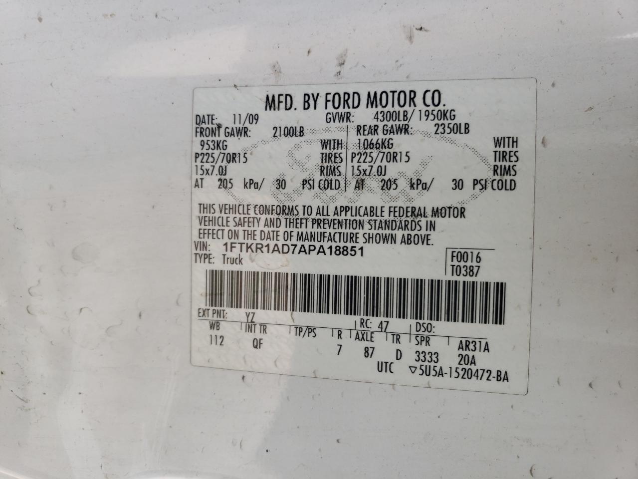 Photo 10 from auction – 2010 FORD RANGER with VIN 1FTKR1AD7APA18851
