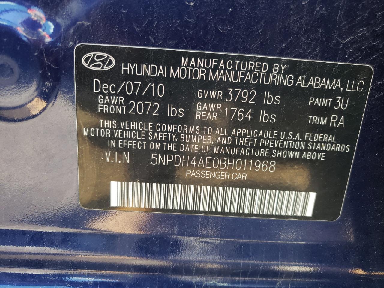 Photo 10 from auction – 2011 HYUNDAI ELANTRA GL with VIN 5NPDH4AE0BH011968