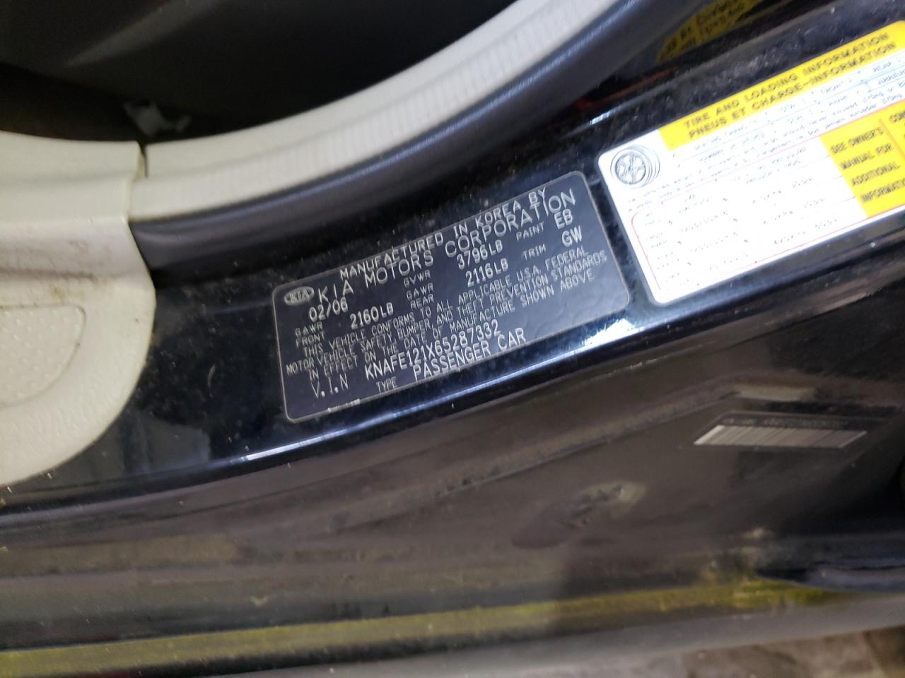 Photo 10 from auction – 2006 KIA SPECTRA LX with VIN KNAFE121X65287332
