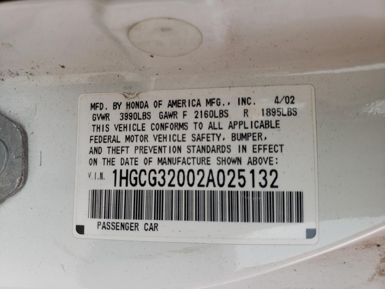 Photo 10 from auction – 2002 HONDA ACCORD with VIN 1HGCG32002A025132