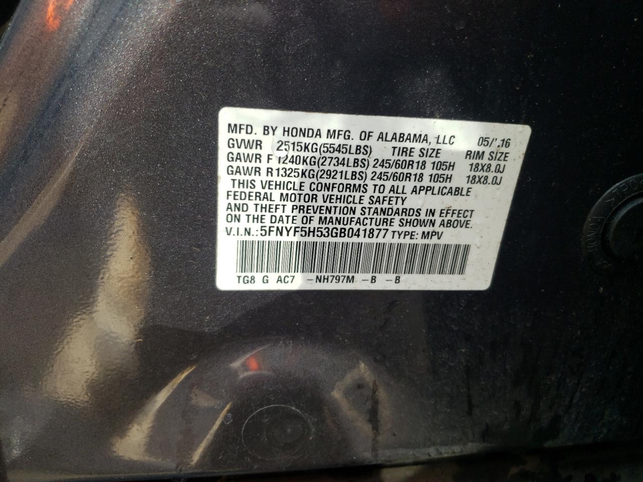 Photo 10 from auction – 2016 HONDA PILOT EXL with VIN 5FNYF5H53GB041877