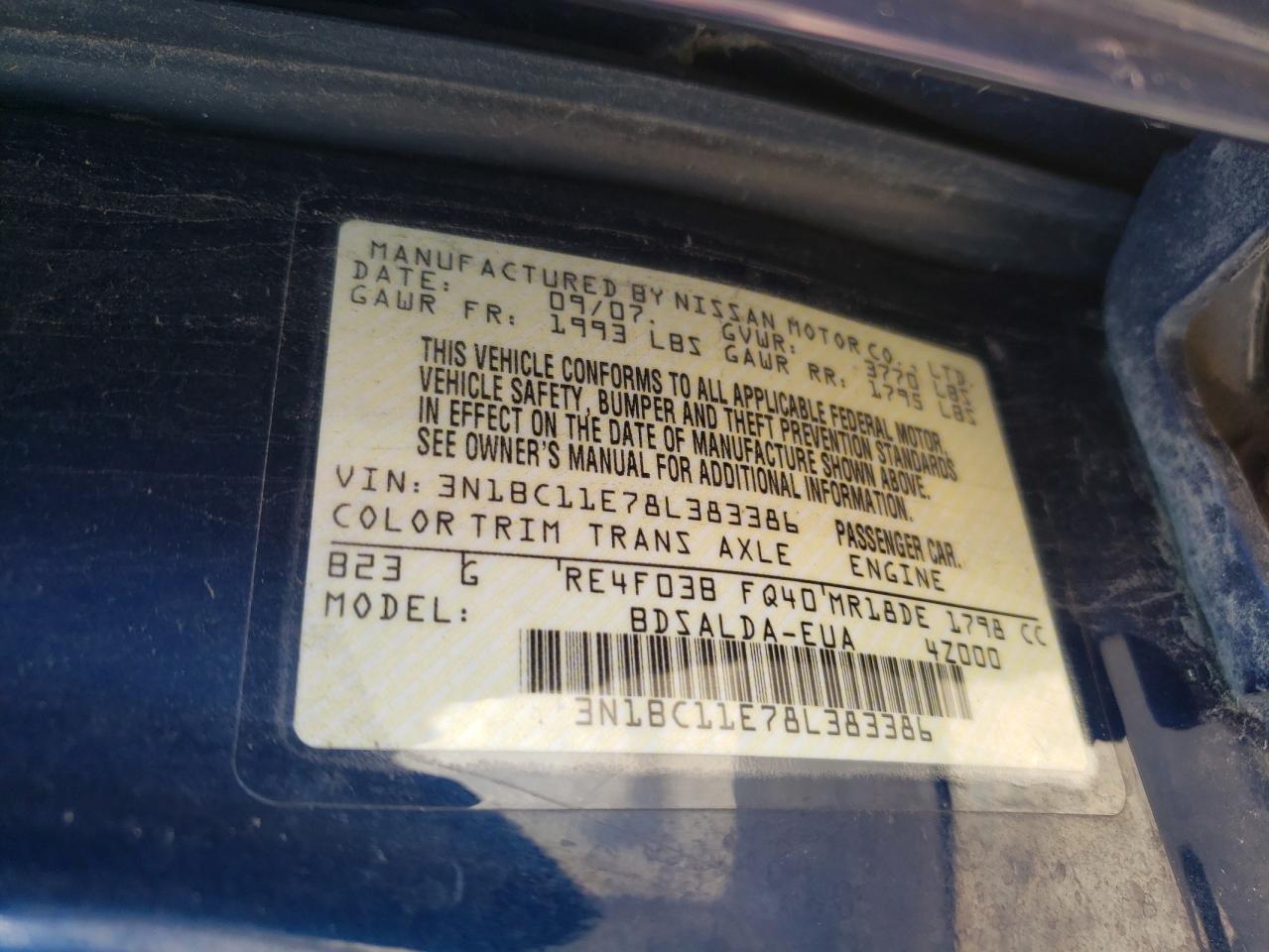 Photo 10 from auction – 2008 NISSAN VERSA with VIN 3N1BC11E78L383386