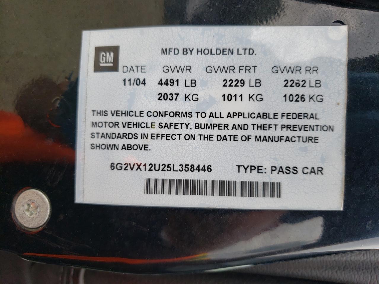 Photo 10 from auction – 2005 PONTIAC GTO with VIN 6G2VX12U25L358446