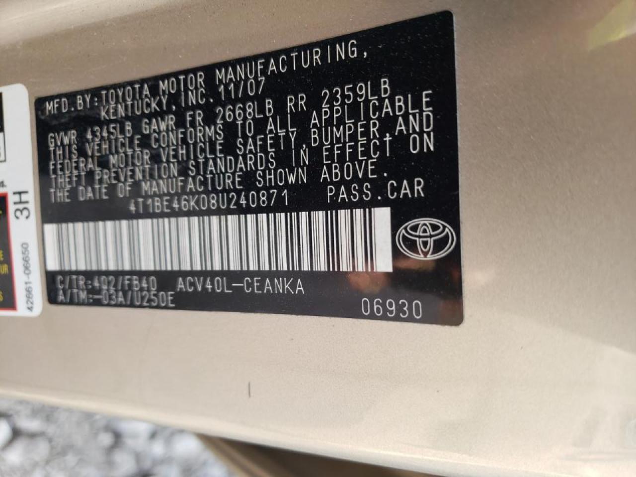 Photo 10 from auction – 2008 TOYOTA CAMRY CE with VIN 4T1BE46K08U240871