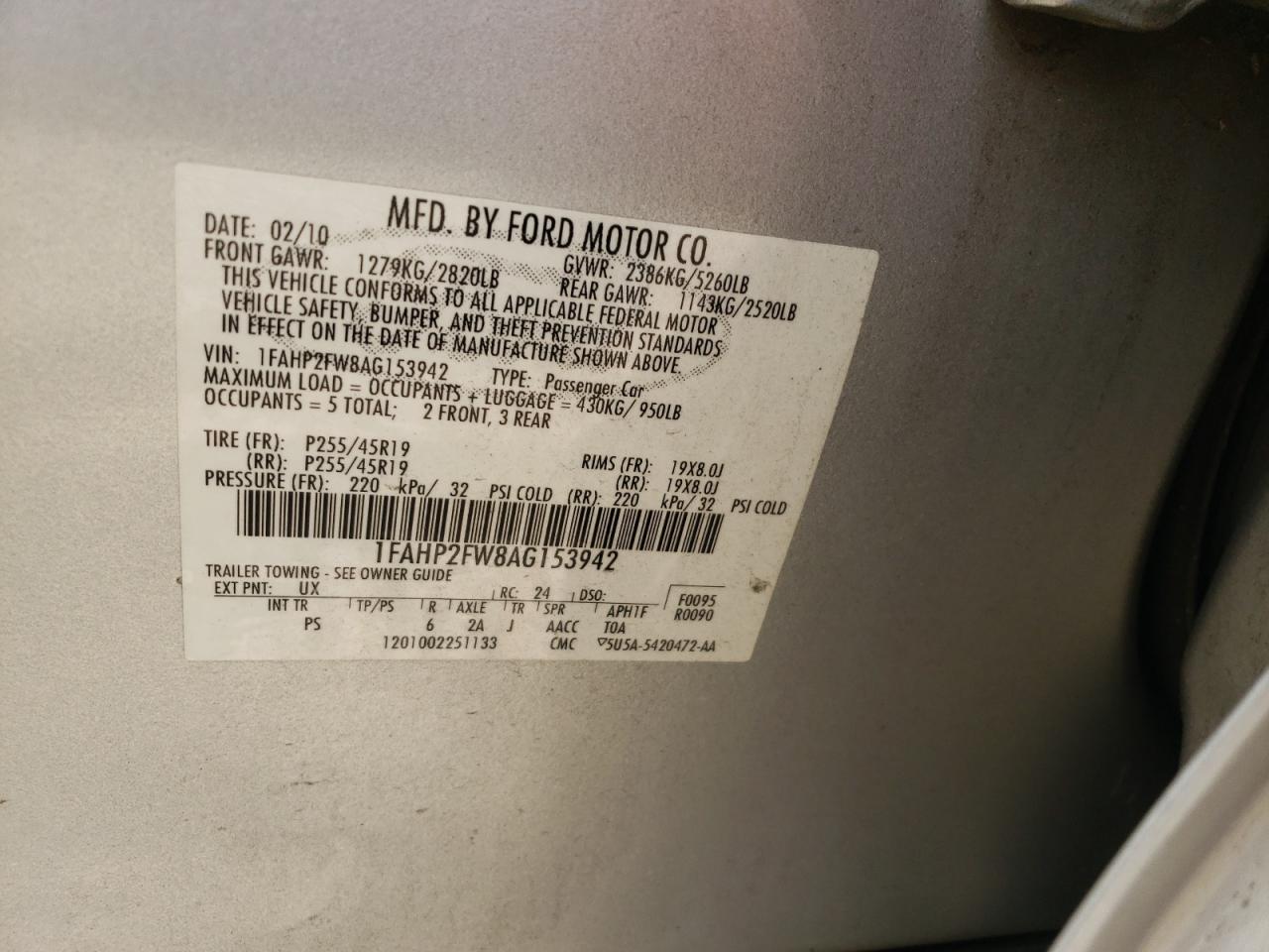 Photo 10 from auction – 2010 FORD TAURUS LIM with VIN 1FAHP2FW8AG153942