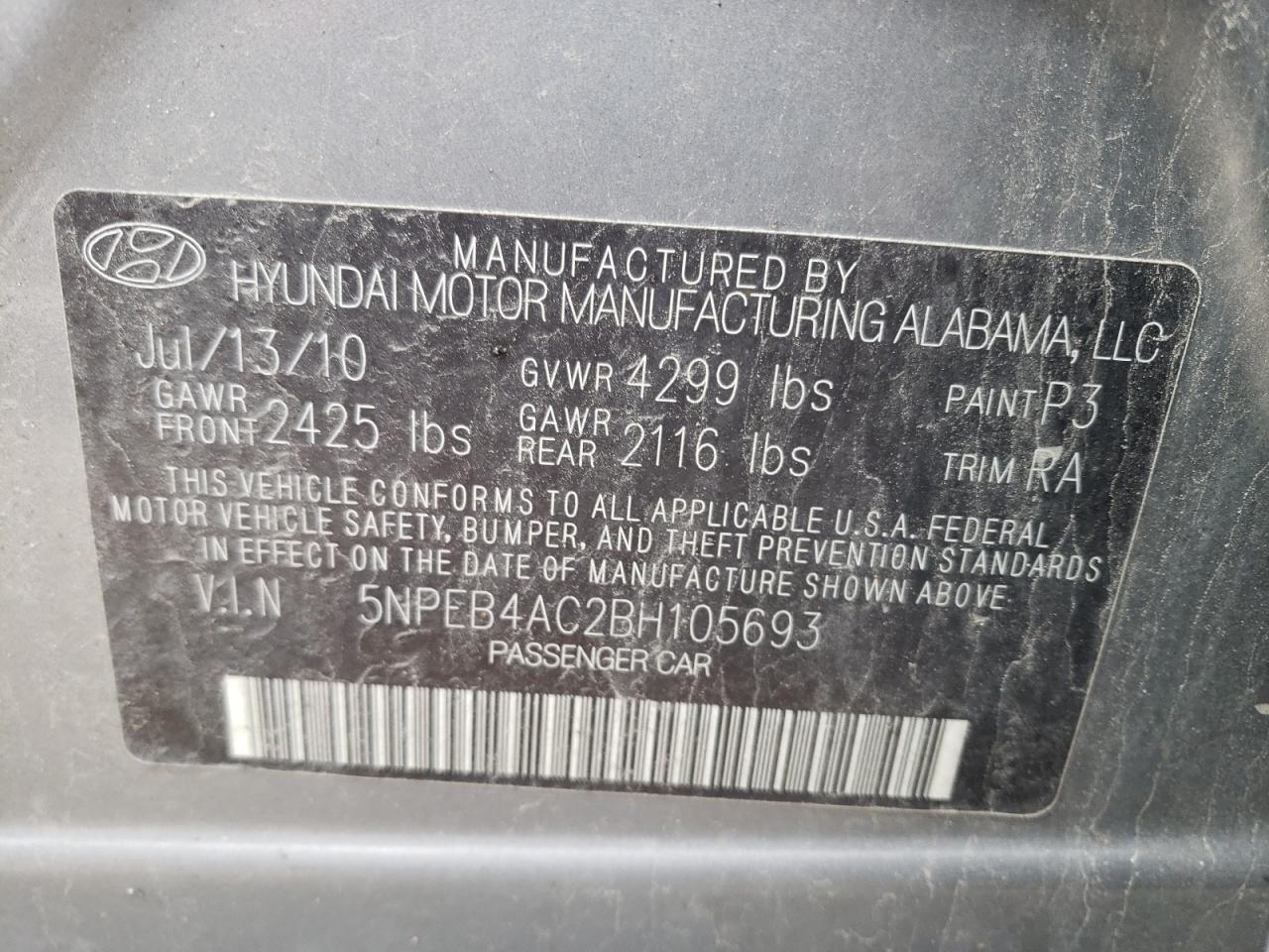 Photo 10 from auction – 2011 HYUNDAI SONATA GLS with VIN 5NPEB4AC2BH105693