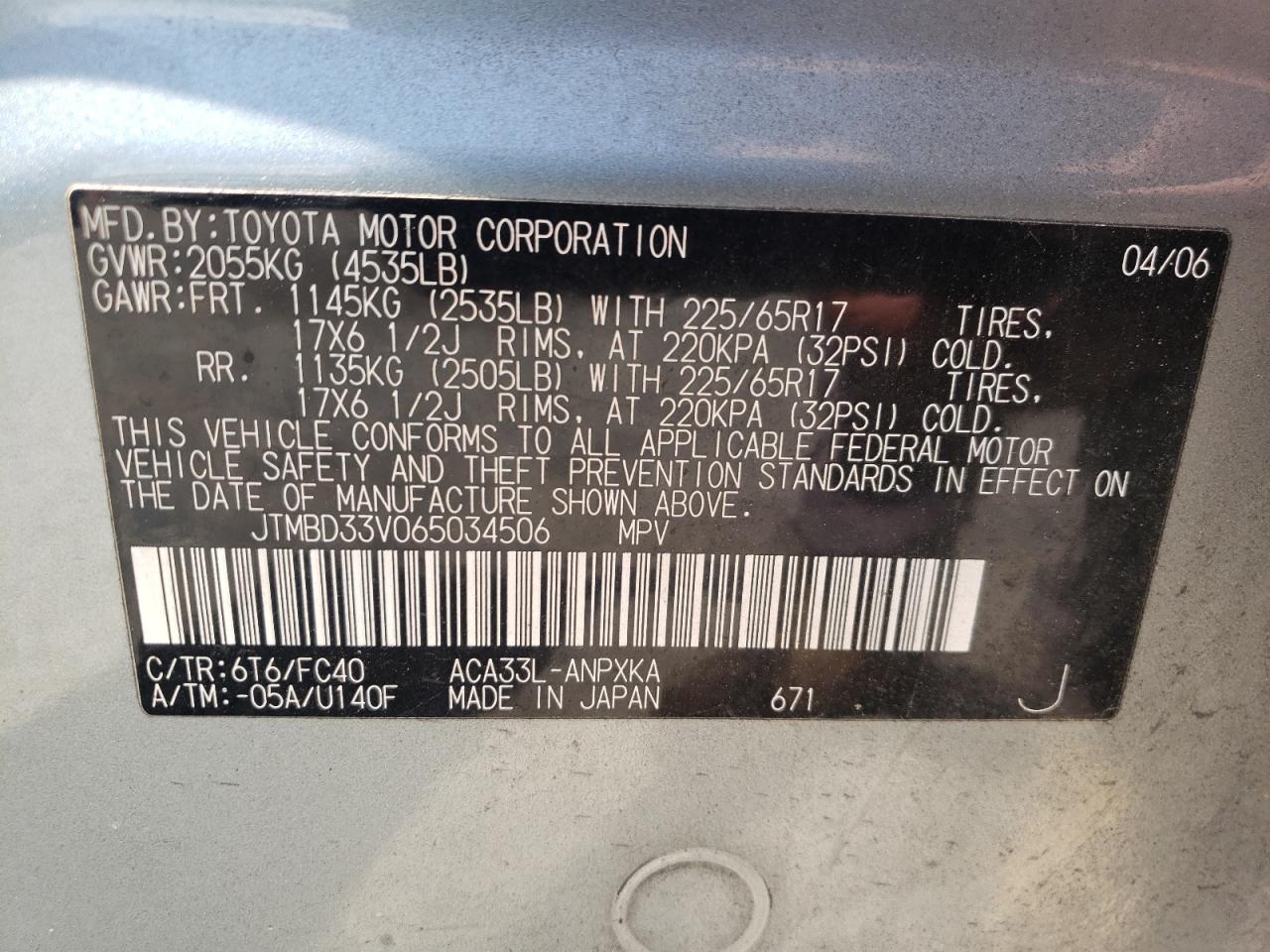 Photo 10 from auction – 2006 TOYOTA RAV4 with VIN JTMBD33V065034506