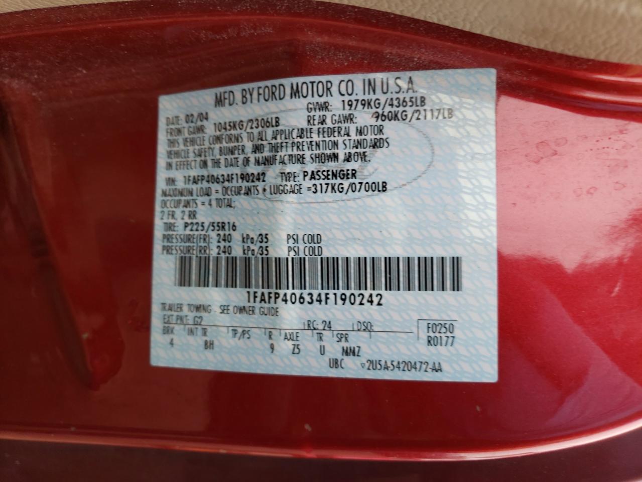 Photo 10 from auction – 2004 FORD MUSTANG with VIN 1FAFP40634F190242