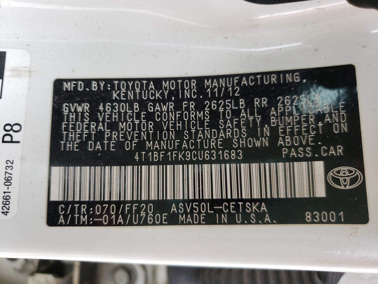 Photo 10 from auction – 2012 TOYOTA CAMRY 4D 2 with VIN 4T1BF1FK9CU631683